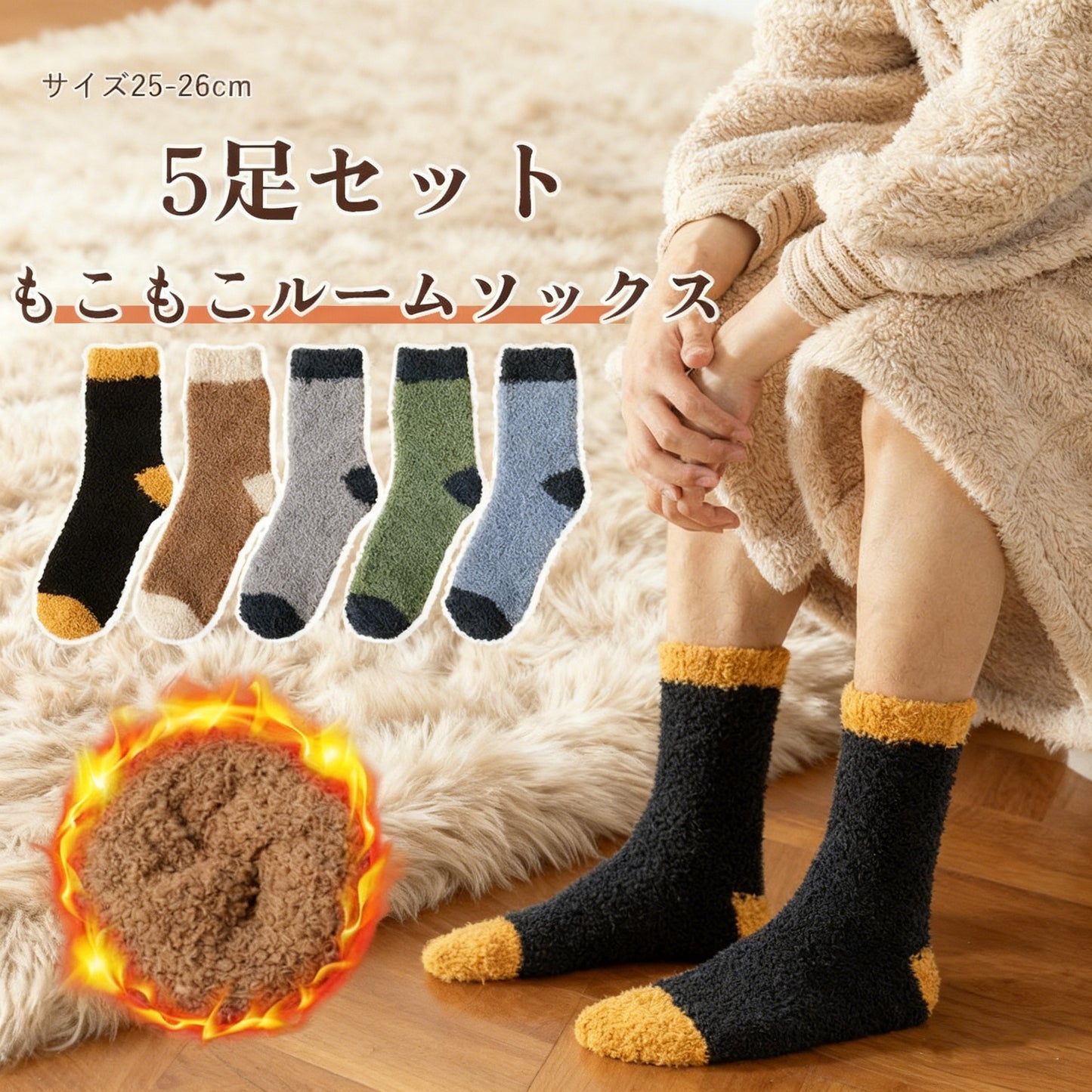 もこもこ靴下 メンズ 冬 ルームソックス 厚手 暖かい 防寒 もこもこソックス 冬用 靴下 男性用 室内用 保温くつした 25-26cm あたたかい モコモコ靴下 毛玉脱げにくい おしゃれ ギフト