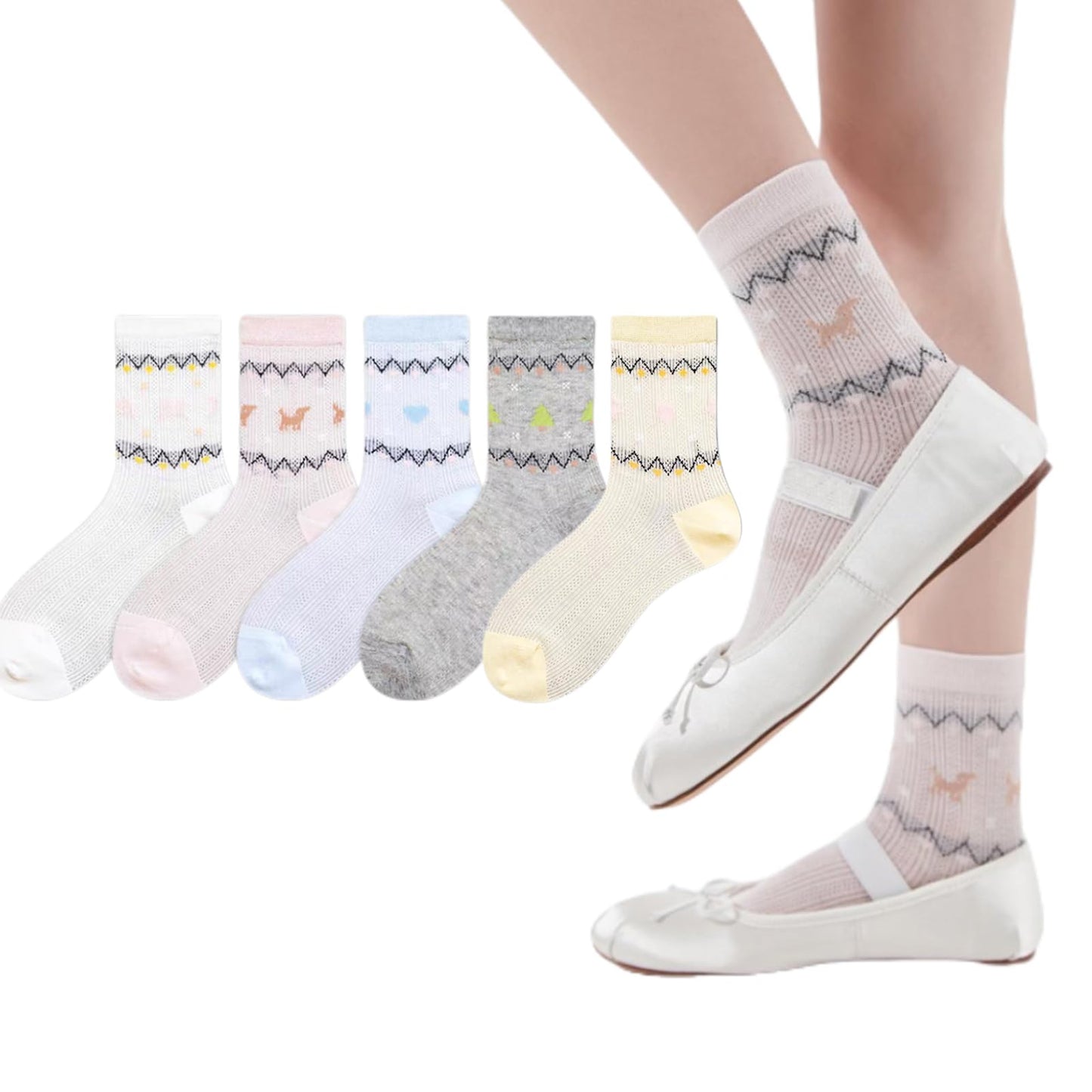 [DAMILY] 靴下 レディース 夏 通気メッシュ 薄手 蒸れない靴下 可愛い 女性用 綿 おしゃれ クルーソックス ５足セット 夏用ソックス 22-24.5㎝ (マルチカラー)