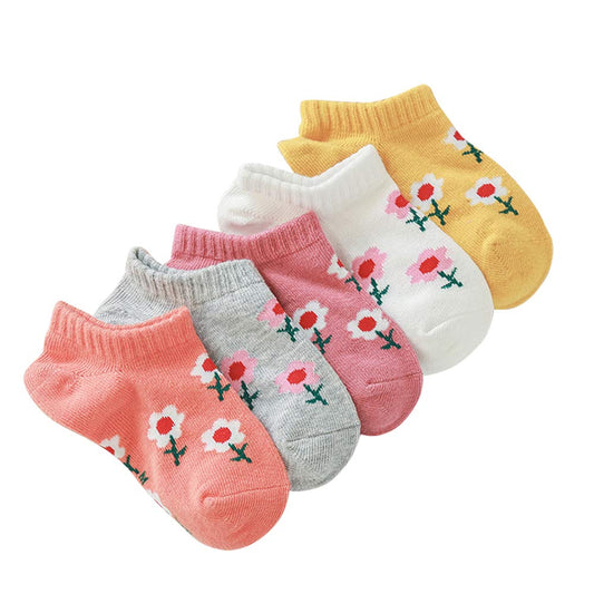 [DAMILY] キッズ カバーソックス 子供 靴下 女の子 花柄 通気 5足セット くるぶしソックス 立体 可愛い ショートソックス ジュニア くつした 薄型 蒸れない 通学通園 春夏