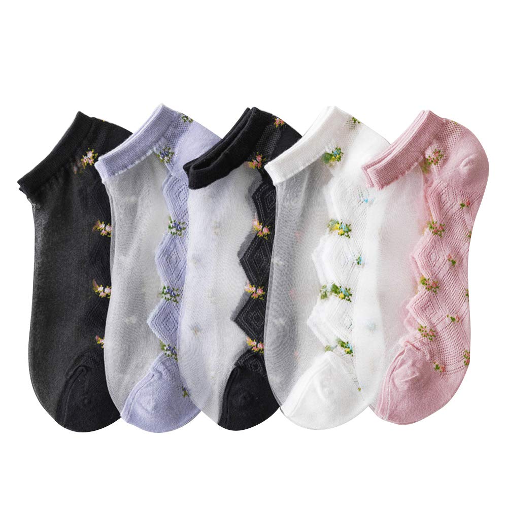 [DAMILY] 靴下 レディース 夏 くるぶしソックス かわいい シースルー くつした 花柄 レースソックス 薄手 透明靴下 女性 おしゃれ 夏用 涼しいくつ下 スニーカー５足組 (小花カラー2短い)