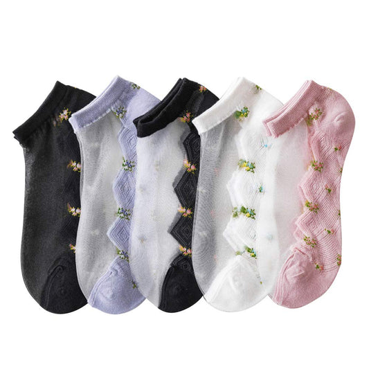 [DAMILY] 靴下 レディース 夏 くるぶしソックス かわいい シースルー くつした 花柄 レースソックス 薄手 透明靴下 女性 おしゃれ 夏用 涼しいくつ下 スニーカー５足組 (小花カラー2短い)