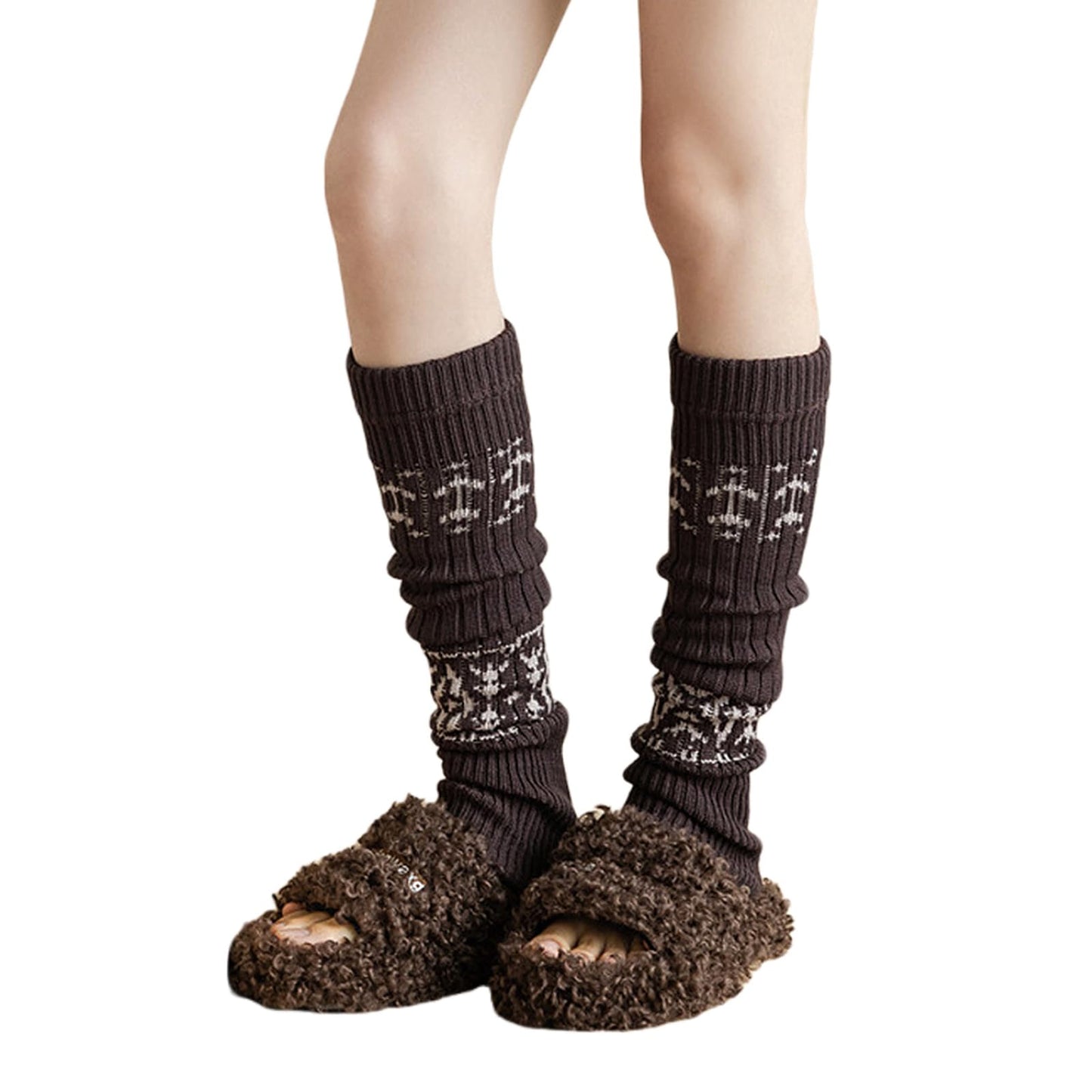 [DAMILY] レッグウォーマー ロング 秋冬 綿 暖かい レディース ルーズソックス ニット 民族風 足首ウォーマー 冷えとり ハイソックス 室内 通勤通学(1, コーヒー色)