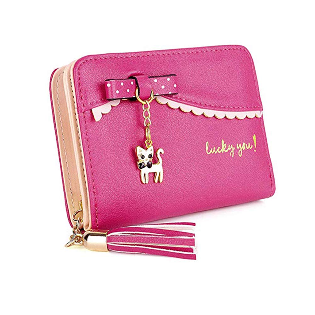 [DAMILY] 猫財布 女の子 ミニ財布 二つ折り かわいい ねこチャーム リボン 小さい財布 ラウンドファスナー ウォレット 小銭入れ カードコインケース コンパクト 人気 レディース さいふ 子供用プレゼント (ローズ)