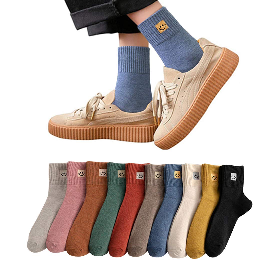 [DAMILY] 靴下 レディース ソックス かわいい 春夏 くつした くるぶし 10足セット カラフル おもしろ靴下 笑顔 刺繍柄 女性用靴下 綿 くつした レディース おしゃれ スポーツ 室内くつ下 レディース 秋冬 22-24cm