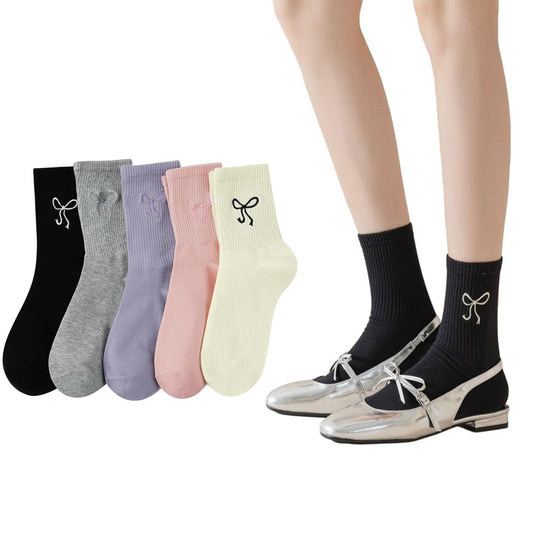 [DAMILY] 靴下 レディース 可愛い 春用 綿 くつした カラフル 女性用靴下 蝶結び刺繍 おしゃれ クルーソックス ５足セット 通勤通学 22-25cm
