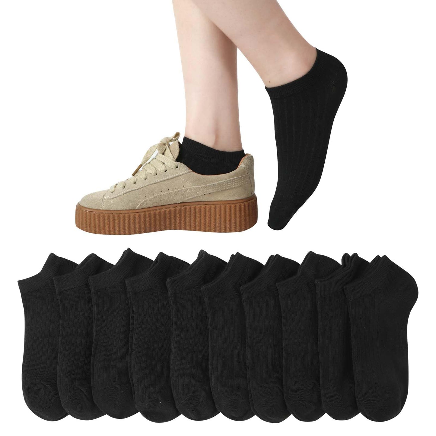 [DAMILY] 靴下 レディース くるぶし 黒 夏用 ショートソックス 10足セット 綿 女性用靴下 蒸れない 脱げない スニーカーソックス 吸汗速乾 22-25cm