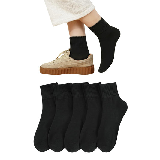 [DAMILY] 靴下 レディース 黒 春秋冬 5足セット 吸汗速乾 綿 クルーソックス 中厚手 カジュアルソックス 女性用靴下 ブラック くつした スポーツ 長め 蒸れない 春夏くつ下 室内 22-25cm