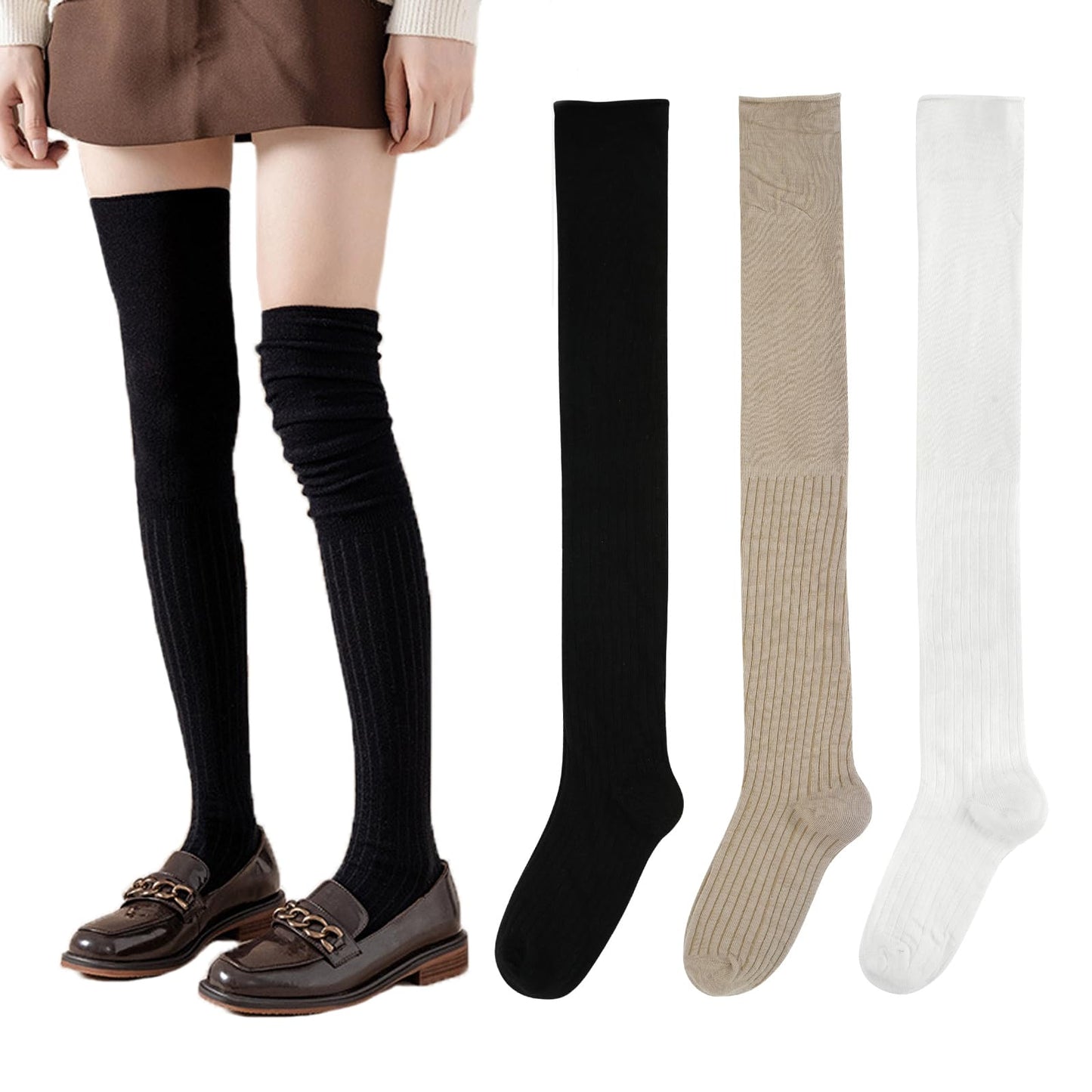[DAMILY] ニーハイソックス レディース 春夏秋 オーバーニーソックス 女性用 ハーイソックス 伸縮性 ロング丈 サイハイソックス ３足セット 美脚 通学通勤 22-25cm(ブラック+カーキー+オフホワイト)