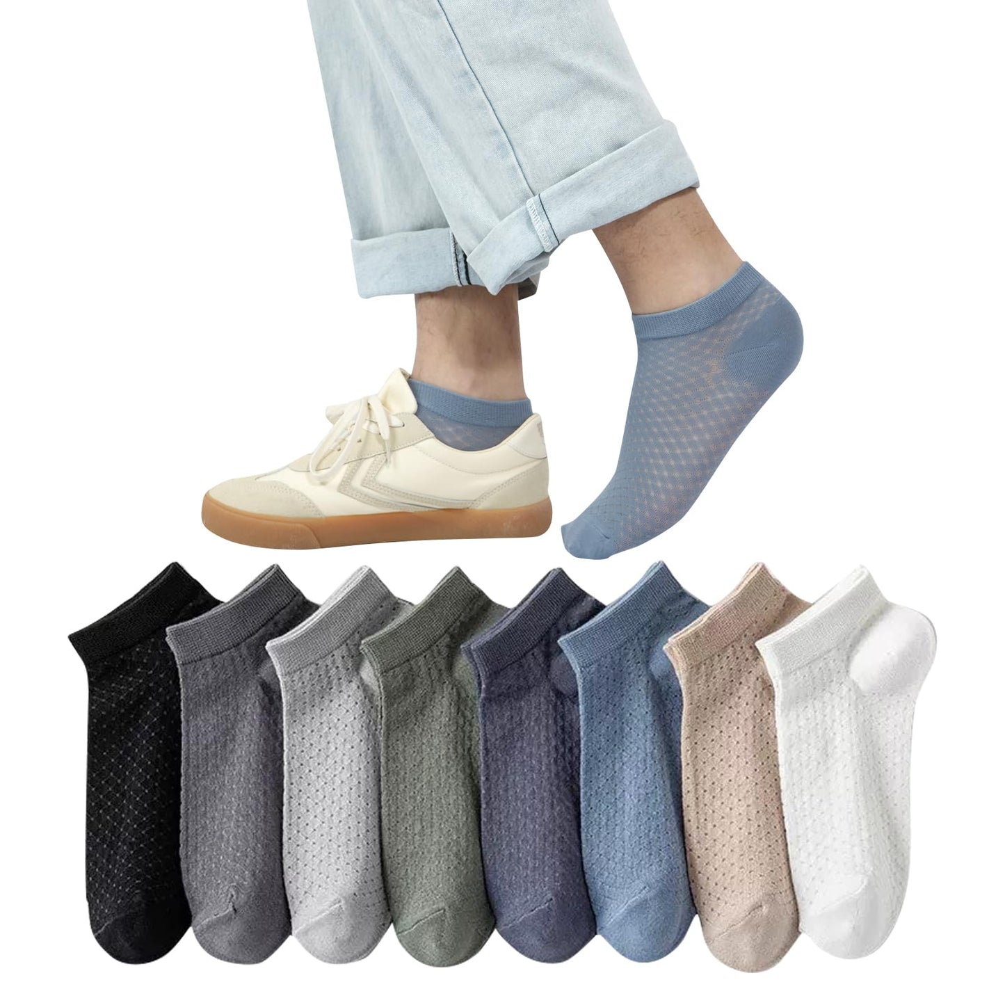 [DAMILY] 夏 靴下 メンズ くるぶしソックス 通気メッシュ 綿 蒸れない靴下 脱げない ショートソックス 夏用 薄手 吸汗速乾 スポーツ用 通勤通学 ８足セット 24-27cm