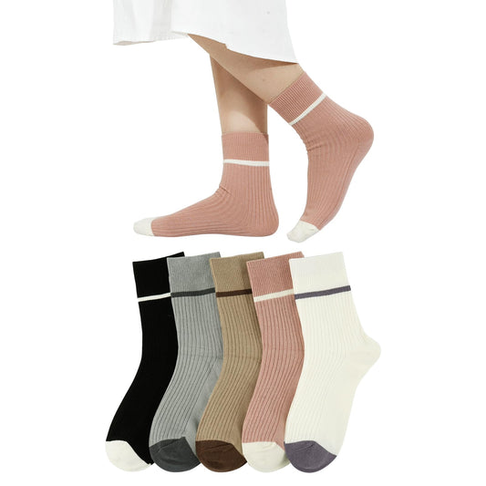 [DAMILY] 靴下 レディース ソックス 春夏 おしゃれ くつした レディース 綿 女性靴下 かわいい 通気性 リブ柄 婦人用 カジュアルソックス ５足セット 22-25cm