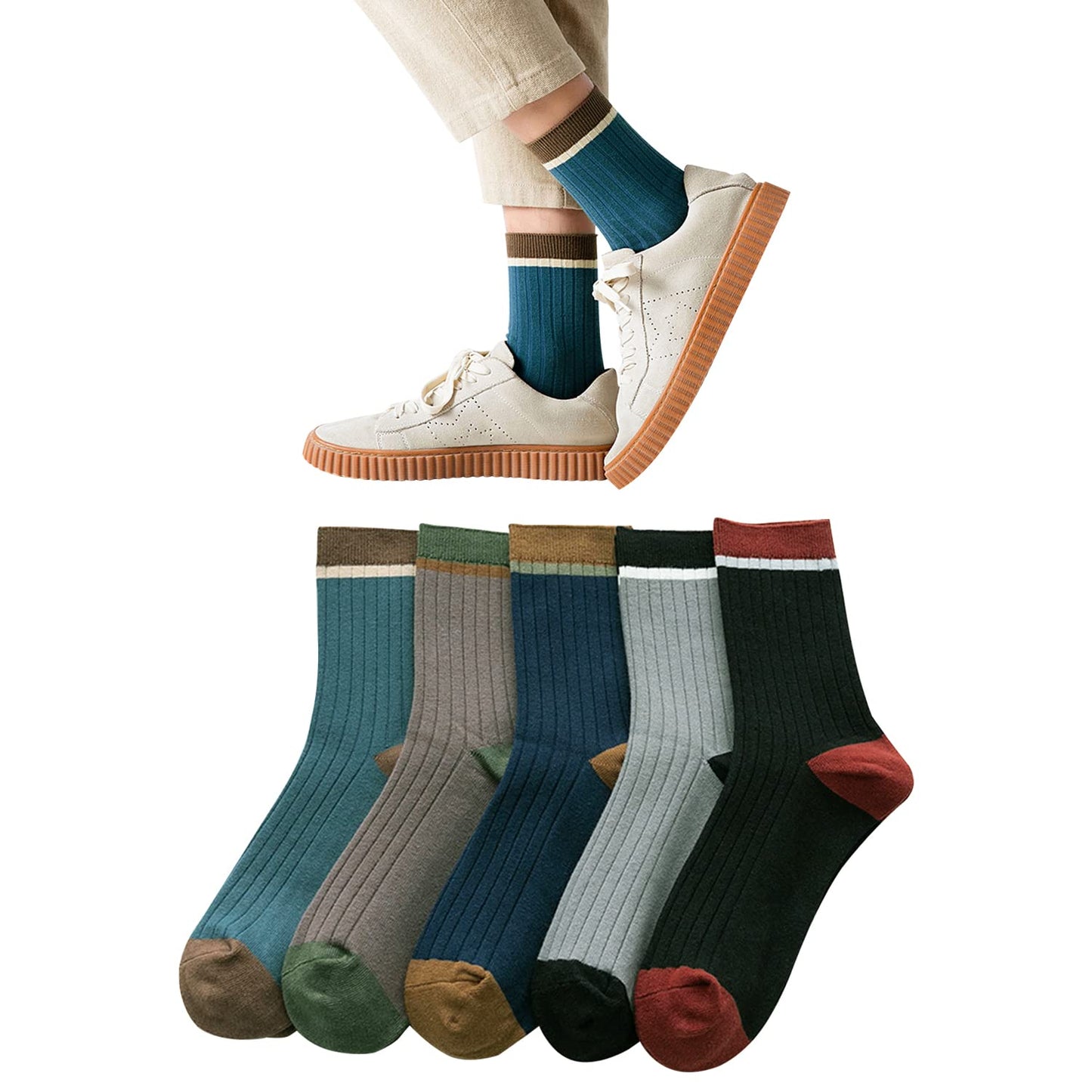 [DAMILY] 靴下 メンズ 24-28cm 春夏秋 スポーツソックス 中厚手 くつした メンズ 保温防寒 防臭 男性用靴下 ビジネスソックス おしゃれ 綿 紳士くつした クルー丈 5足セット くつ下 アウトドア カジュアルソックス
