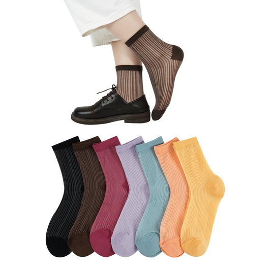 [DAMILY] 靴下 レディース シースルー 夏 クルーソックス レース靴下 おしゃれ 蒸れない くつした 女性用 婦人 夏用 シースルーソックス ７足セット 22-24.5cm