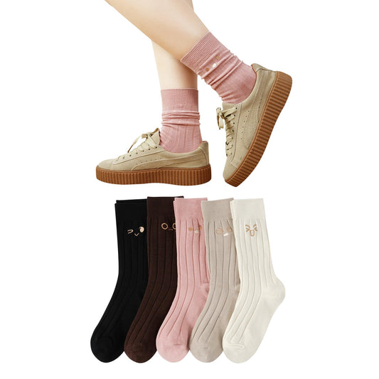 [DAMILY] 靴下 レディース 可愛いソックス 刺繍 秋冬 くつした カラフル 綿 女性用 キャラクター 春夏用 おもしろソックス クルー丈 ５足セット 22-25cm