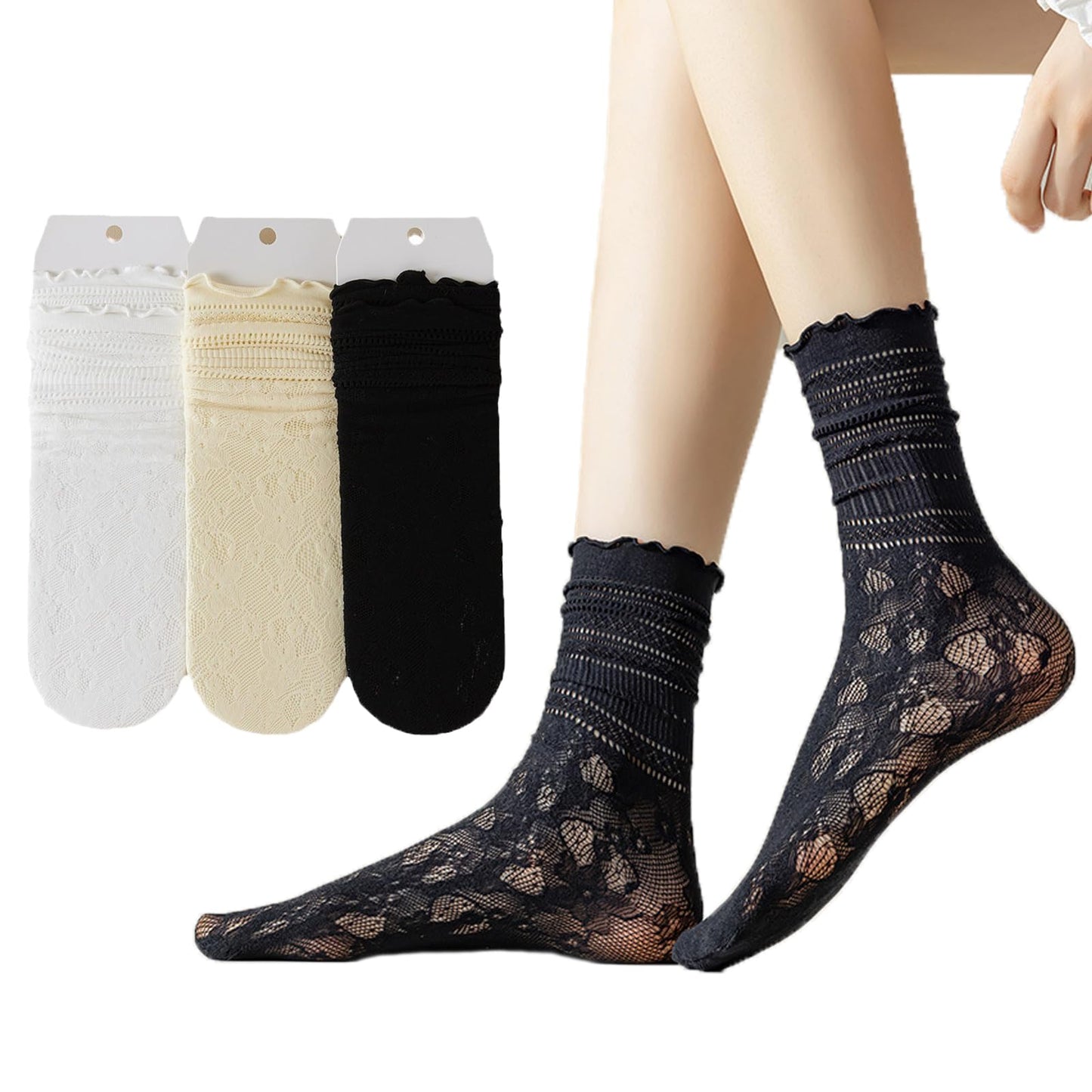 レース靴下 レディース 夏 クルーソックス かわいい 女性用靴下 蒸れない 脱げない レースソックス シースルーくつした パンプス用 花柄 薄手 ３足セット 22-25cm