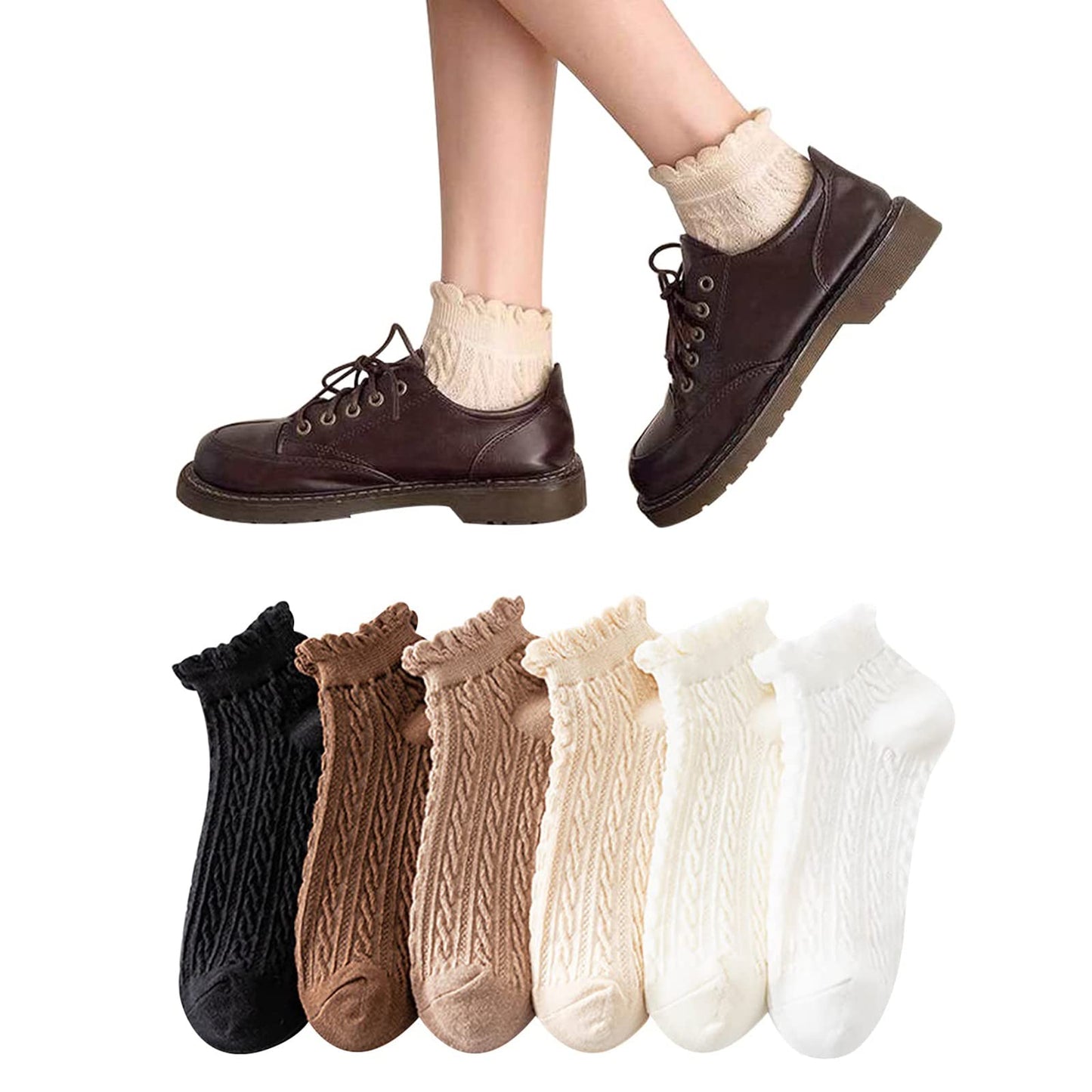 [DAMILY] 靴下 レディース くるぶし かわいいソックス 春夏 6足セット 可愛い おしゃれ くつした レディース 綿 女性 フリル靴下 くるぶしソックス スニーカー コットン 無地 婦人用 通気性 ショートソックス 夏用 女子 リブ柄 くつ下 蒸れない22-25㎝ (無地6足)