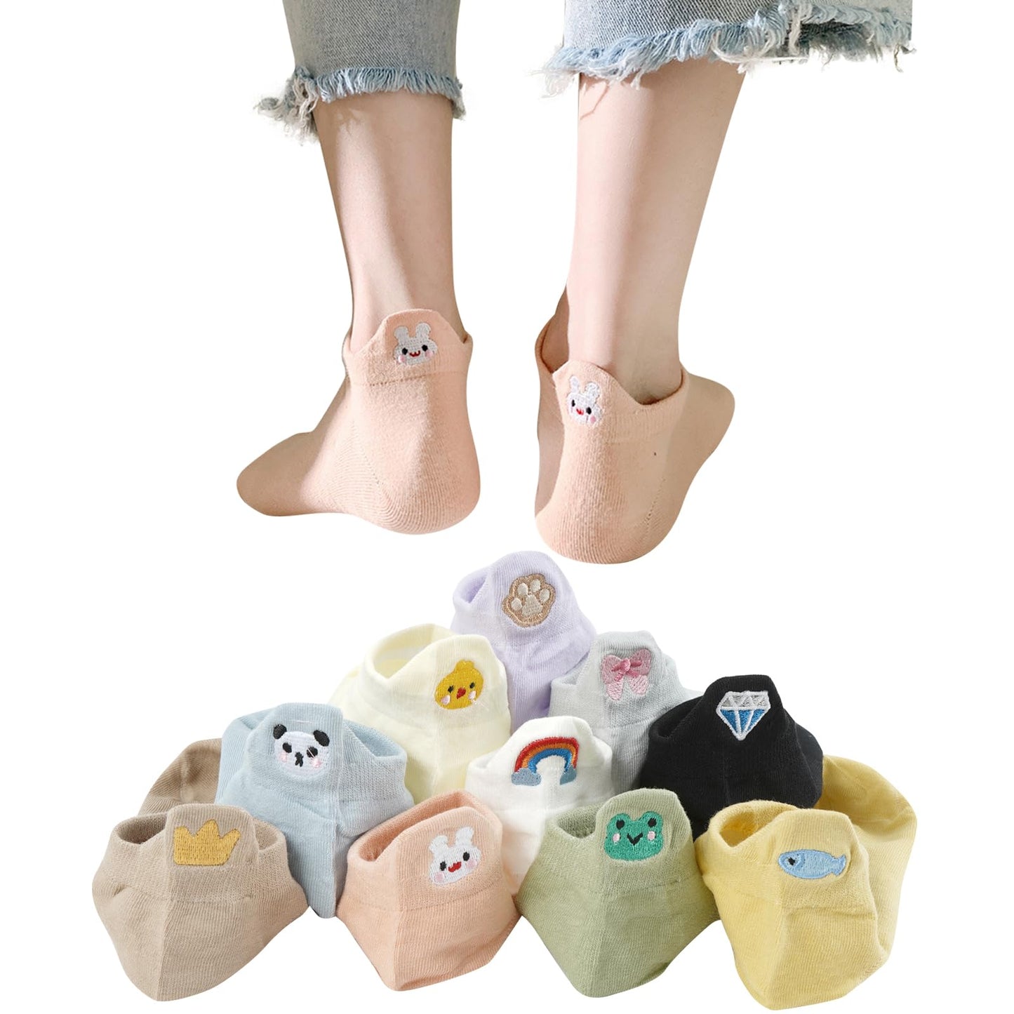 [DAMILY] 靴下 レディース くるぶし 夏 綿 ショートソックス 可愛い 女性くつした 刺繍 おしゃれ くるぶしソックス 脱げにくい 蒸れない靴下 10足セット 通気 22-25cm