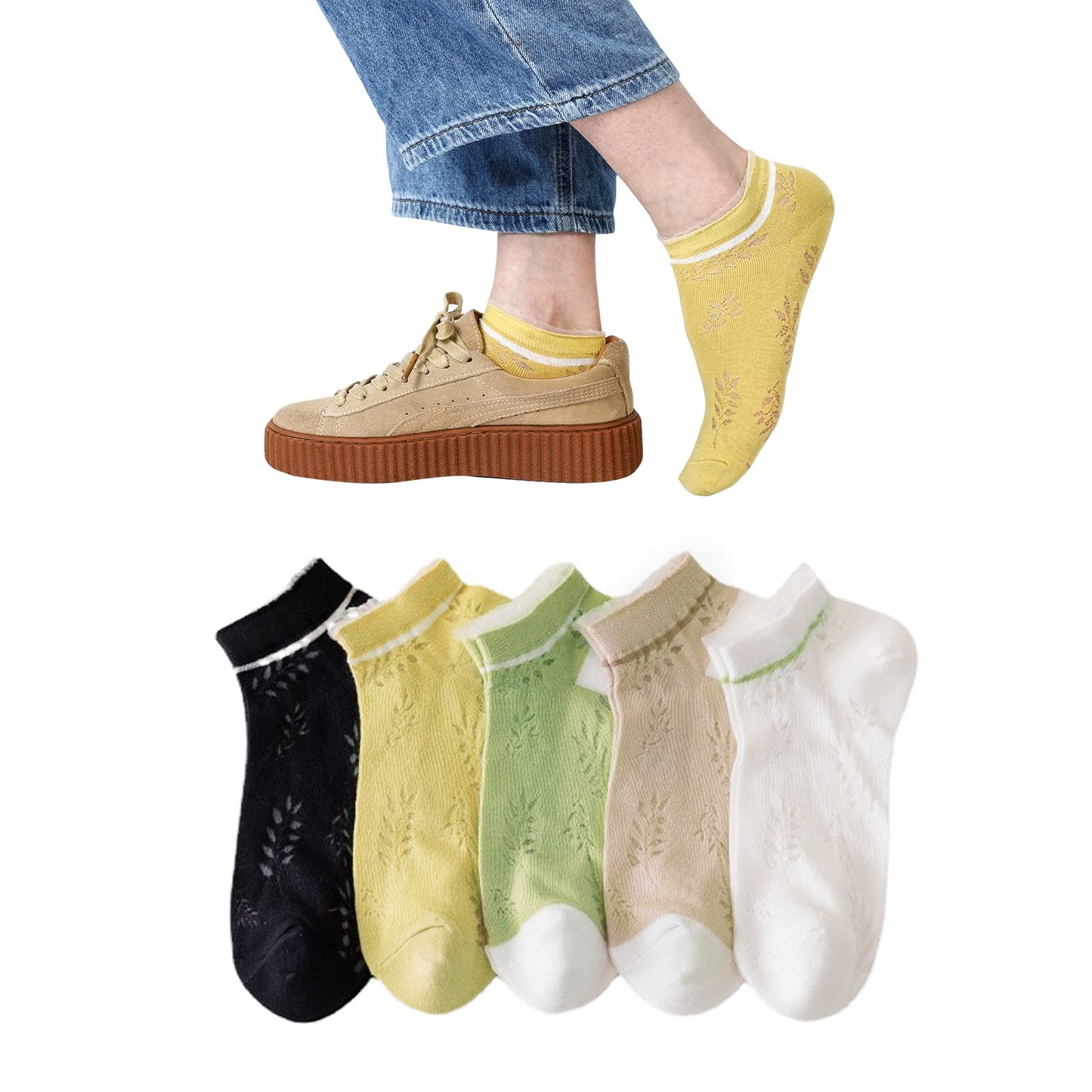 [DAMILY] 靴下 レディース 夏用 くるぶしソックス 可愛い レース 綿 くつした ショートソックス レディース 5足セット おしゃれ フリル靴下 女性 婦人用 蒸れない 脱げない スニーカーソックス 夏 くつ下 22-25㎝