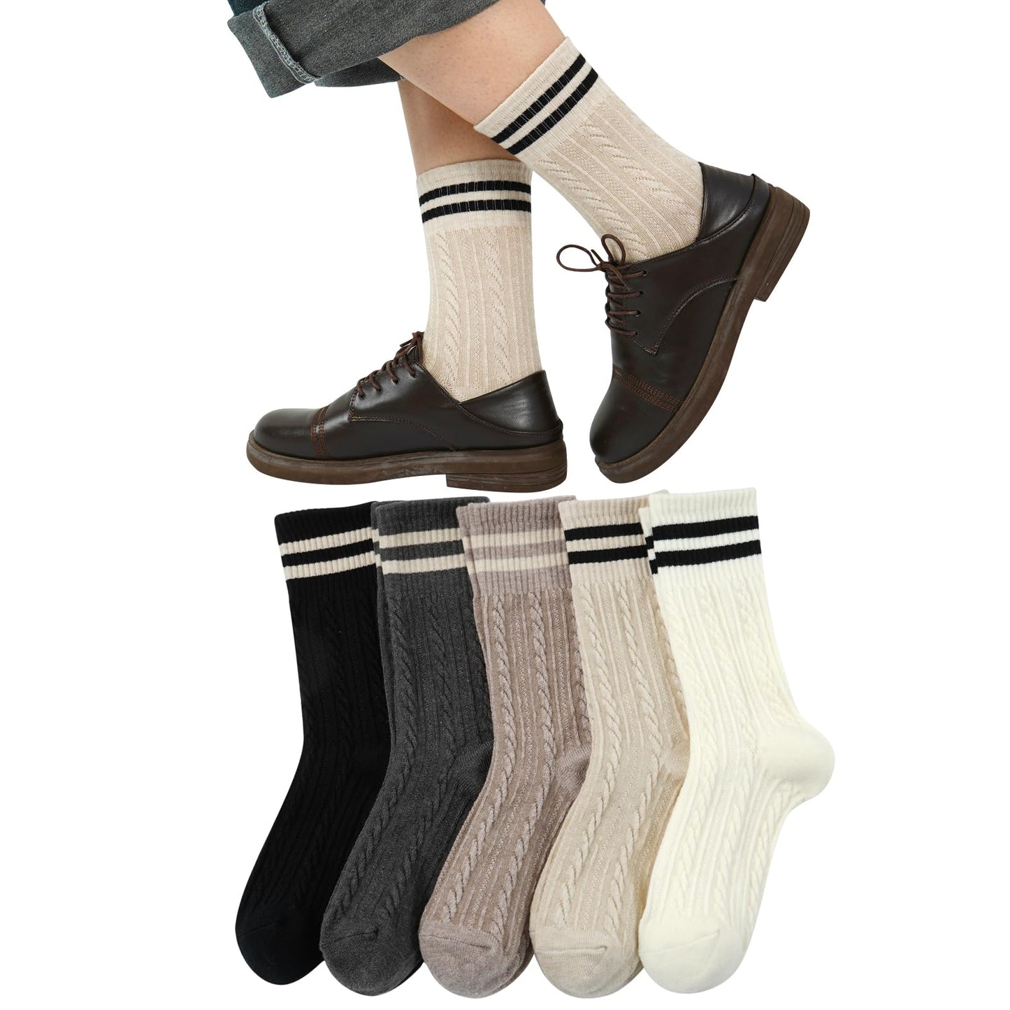 [DAMILY] 靴下 レディース 秋冬 中厚手 暖かいソックス おしゃれ 防寒保温靴下 可愛い 女性用 あったか くつした クルー丈 カジュアル 冬用ソックス ５足セット 22-25cm