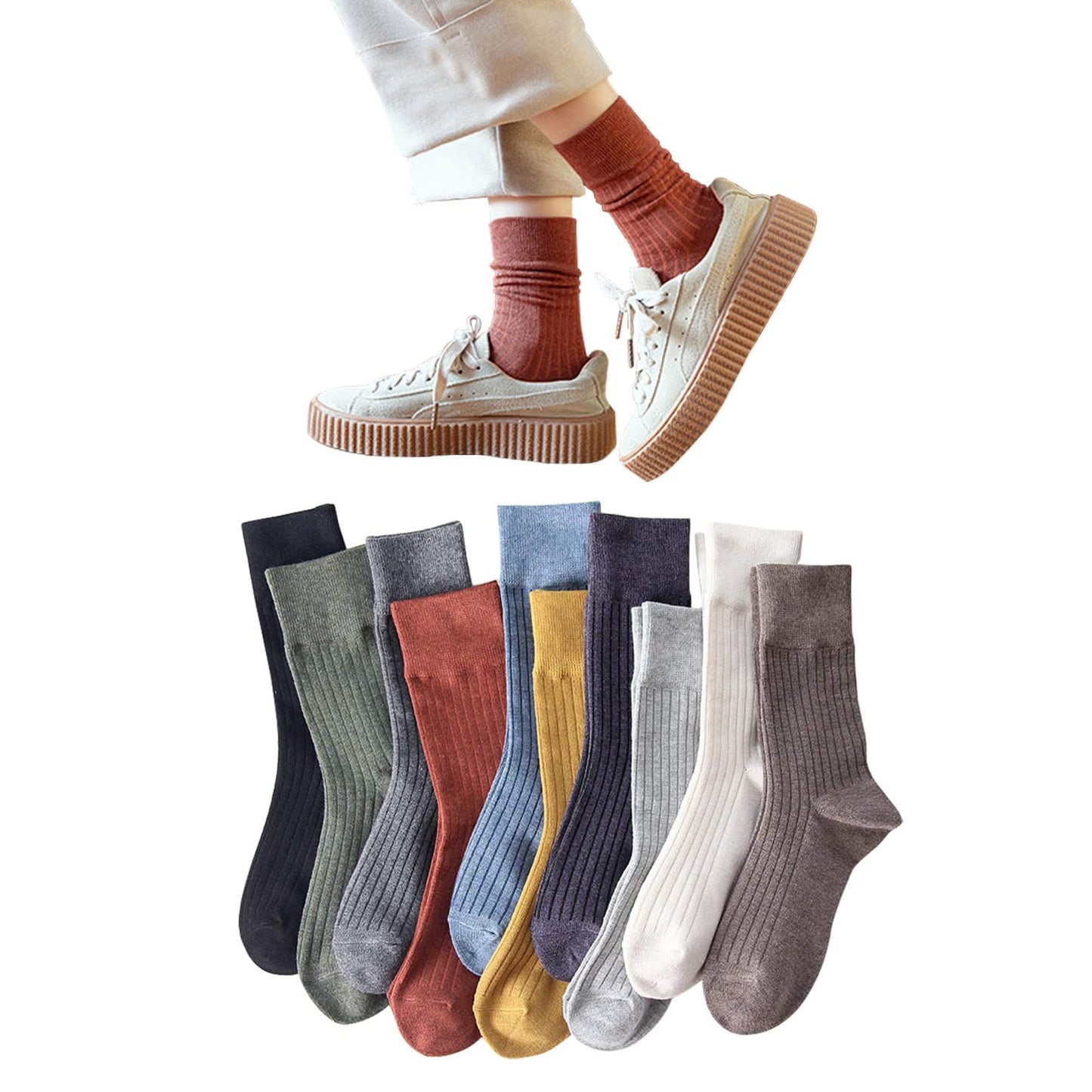 [DAMILY] 靴下 レディース ソックス 春夏秋 10足セット おしゃれ 綿 くつした レディース カラフル 防寒 クルーソックス 無地 女性靴下 可愛い くつした カジュアル 室内 婦人用 ギフト くつ下 スポーツ 蒸れない 22-25cm