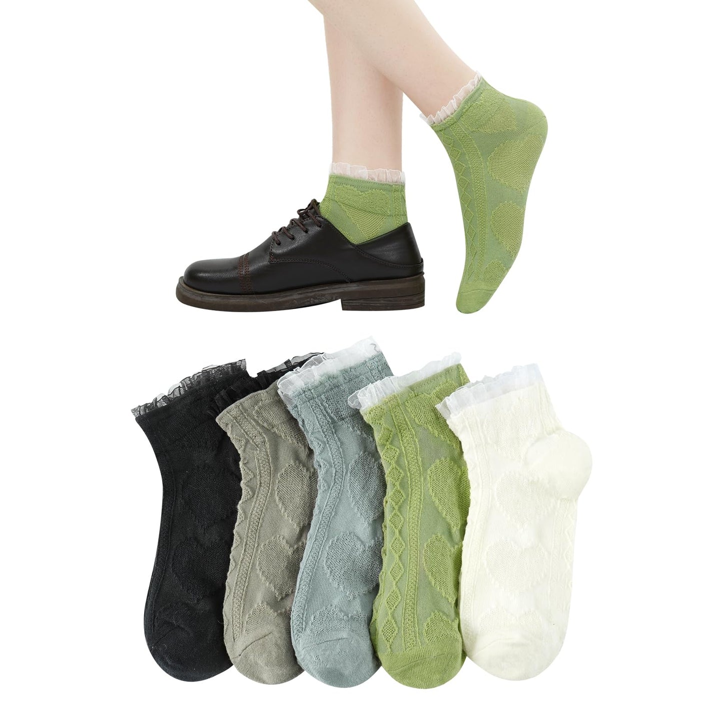 [DAMILY] 靴下 レディース くるぶし 可愛いソックス 春夏 レース フリル靴下 通気性 女性用 ショートソックス おしゃれ 綿 ハート柄 ロリータ ５足セット 22-25cm