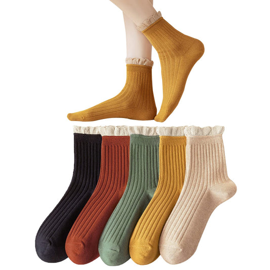 [DAMILY] 靴下 レディース 春夏秋 可愛い 綿 花柄 くつした 女性 婦人用靴下 ゆったり レースフリル おしゃれ レディース靴下 春夏用 クルーソックス 蒸れない 保温 室内 カジュアルソックス 22-25cm