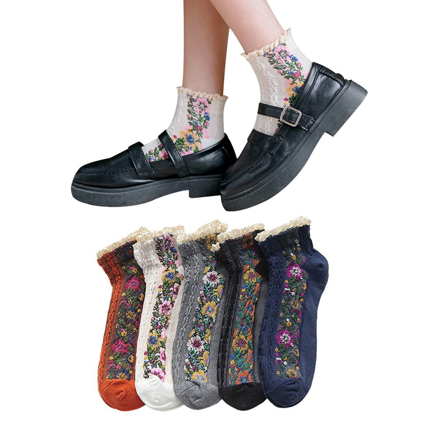 [DAMILY] 靴下 レディース くるぶし 綿 ソックス 夏 刺繍 花柄 レディースソックス 可愛い ゆったり靴下女性用 蒸れない くつしたレディース ショート 室内 アウトドア 婦人靴下 女子 通勤 通学 5足セット 22-25cm