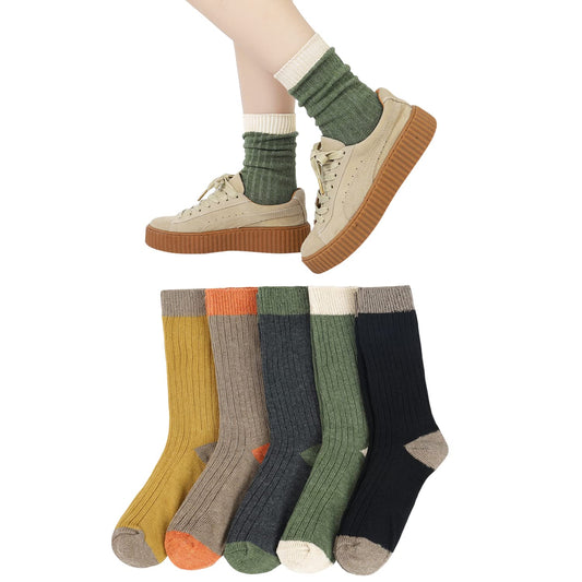 [DAMILY] 靴下 レディース 春 秋冬 暖かい 綿 カラフル クルーソックス 中厚手 ルーズ くつした レディース おしゃれ コットン 保温靴下 女性 防寒 カジュアル 蒸れない スポーツ くつ下 リブ柄 22-25cm