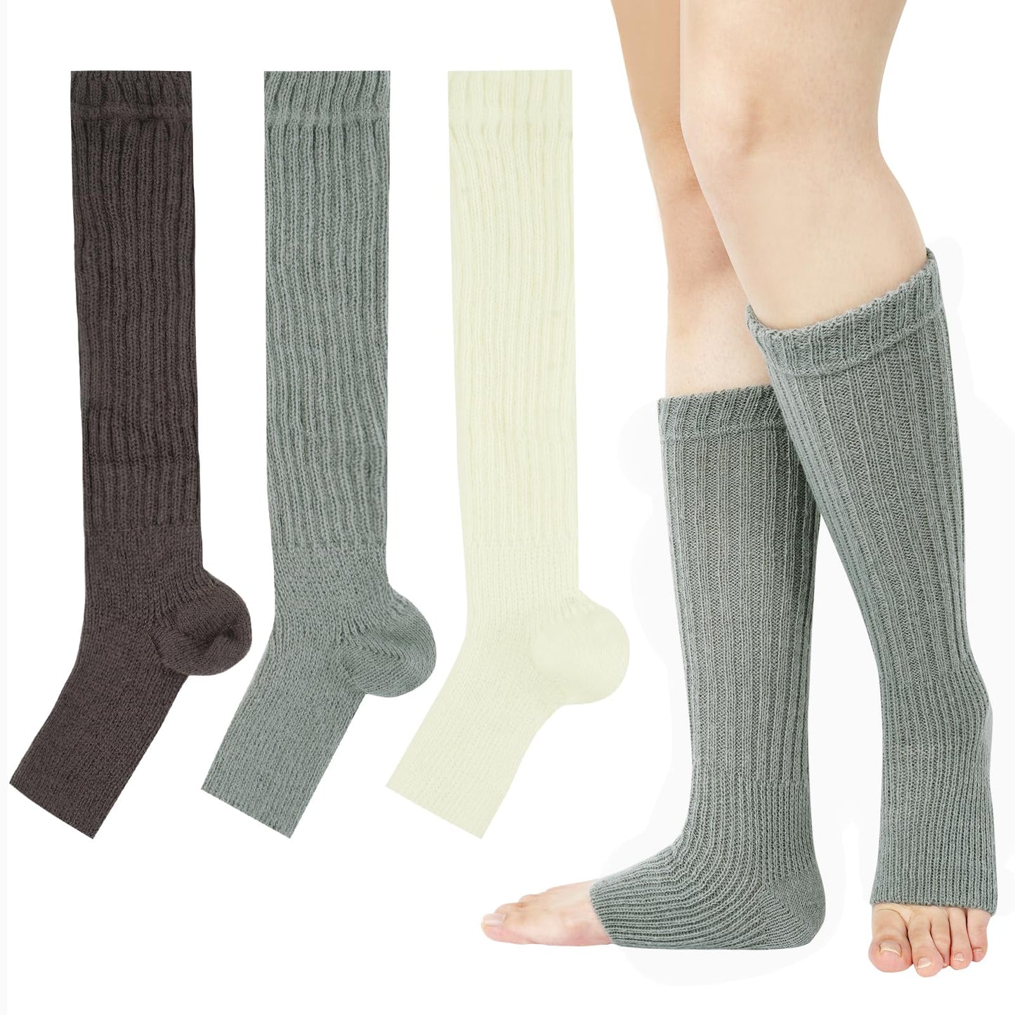 [DAMILY] レッグウォーマー 綿 暖かい レディース ルーズソックス リブ柄 ３足セット 締め付けず 冷えとり 秋冬靴下 クルー丈 室内 通勤通学 (グレー/ホワイト/コーヒー色)