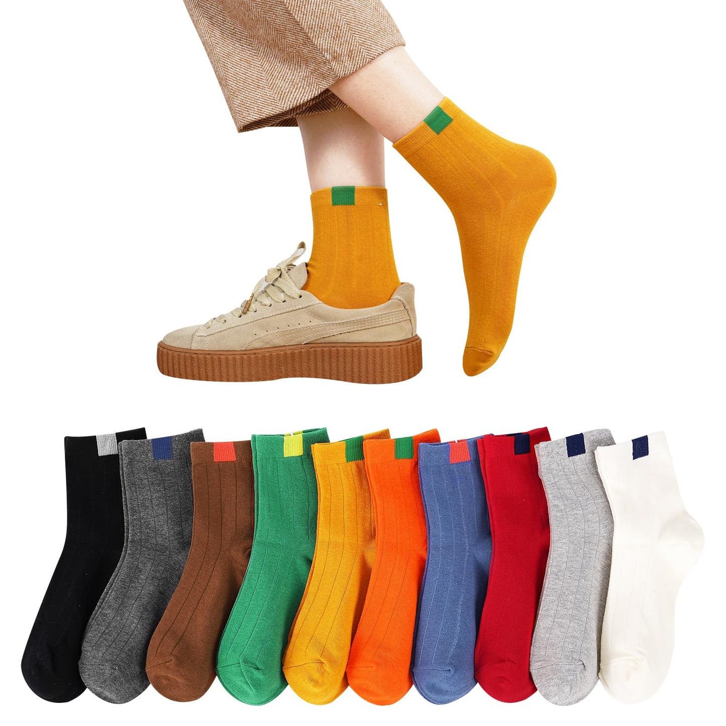 [DAMILY] 靴下 レディース ソックス 春夏秋冬 10足セット 綿 くつした カラフルソックス おしゃれ 女性靴下 蒸れない 通気性 抗菌防臭 ミドル丈ソックス カジュアル 通勤通学 保温くつ下 くるぶし 22-25cm