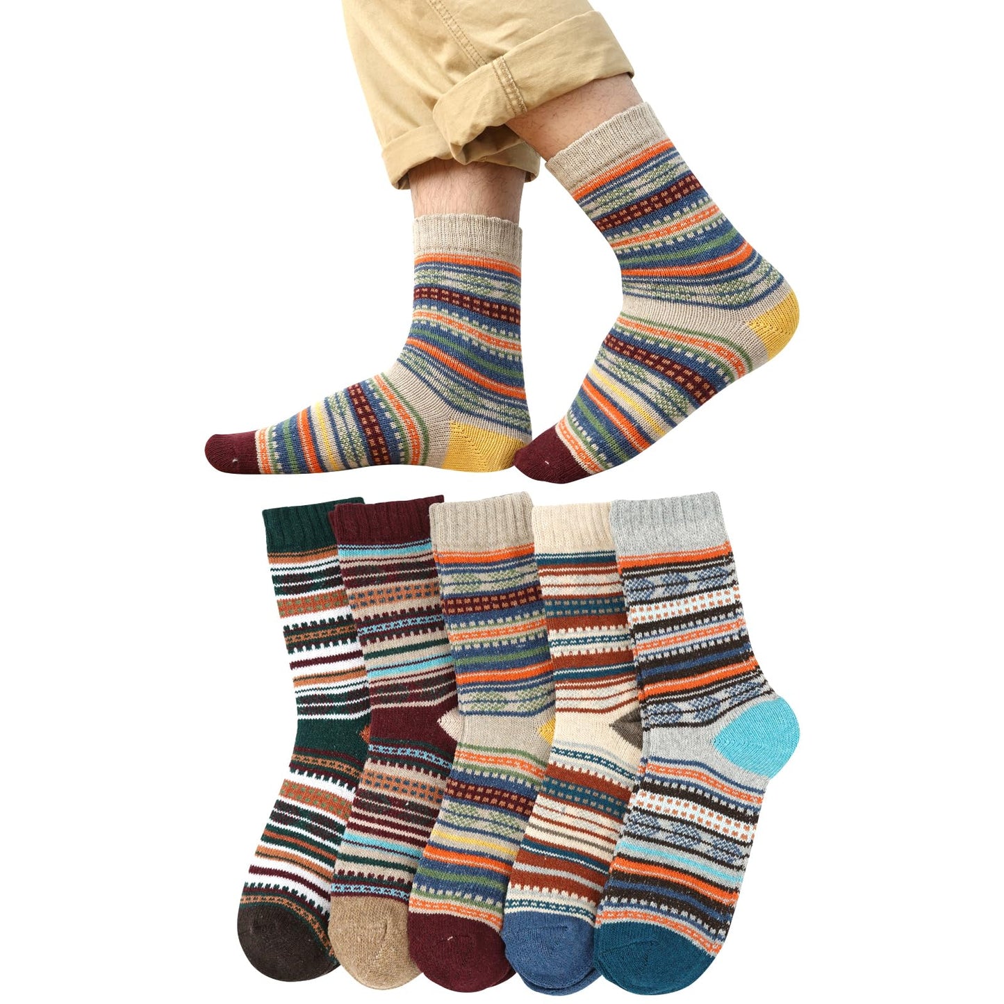 [DAMILY] 靴下 メンズ 厚手ソックス 冬 おしゃれ 暖かい靴下 綿 くつした あったかソックス カジュアル 防寒保温 男性用靴下 ビジネス スポーツ 民族風 5足セット 23-26.5cm